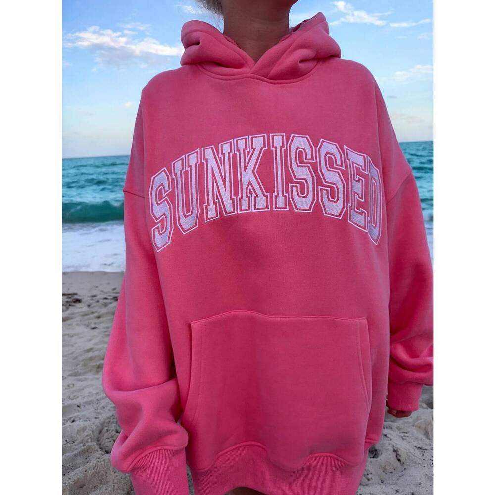 NEW SUNKISSED COCONUT varsity embroider hoodie in hibiscus pink